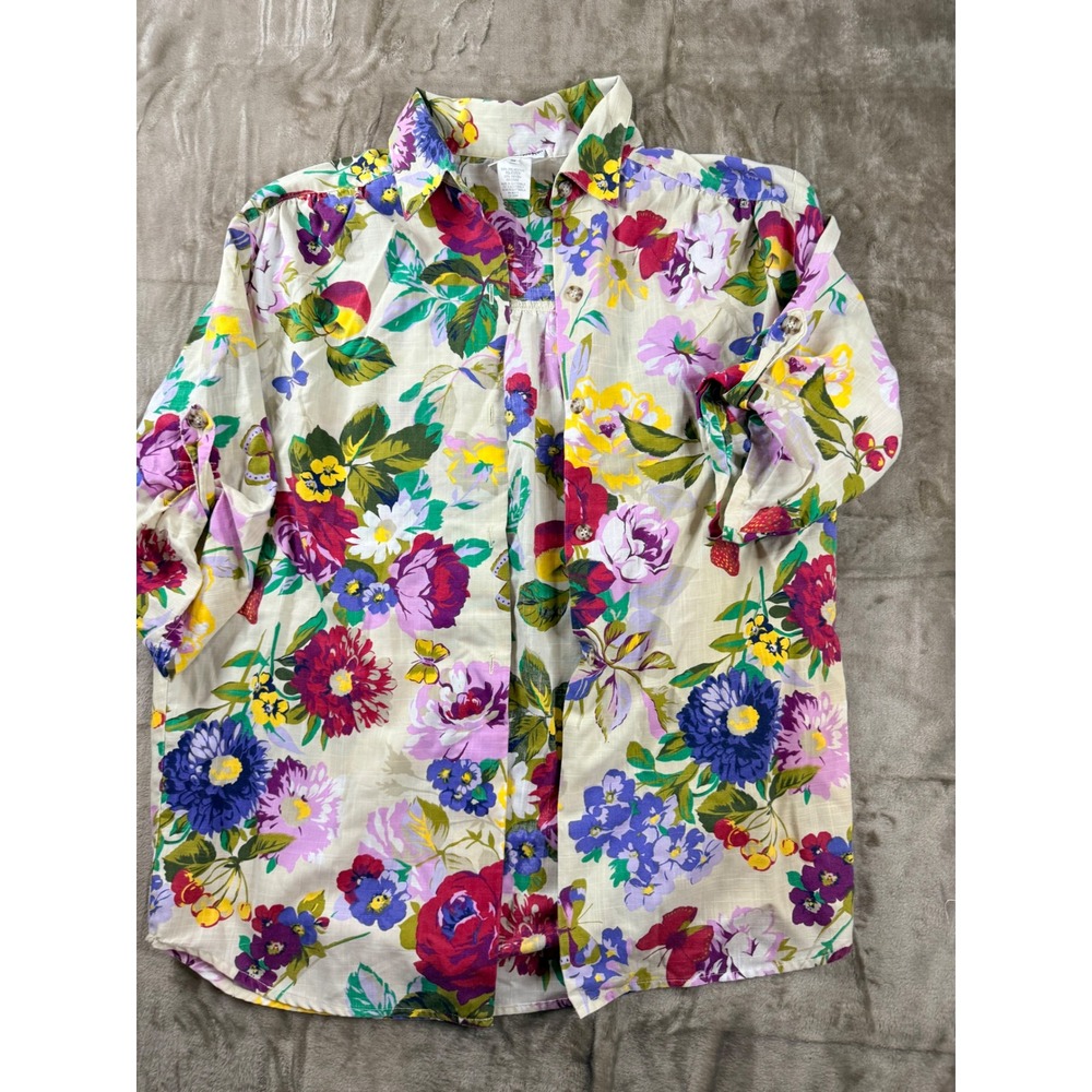 VTG The Villager Womens Floral Fruit‎ Print  Button Down Shirt S Coastal Summer